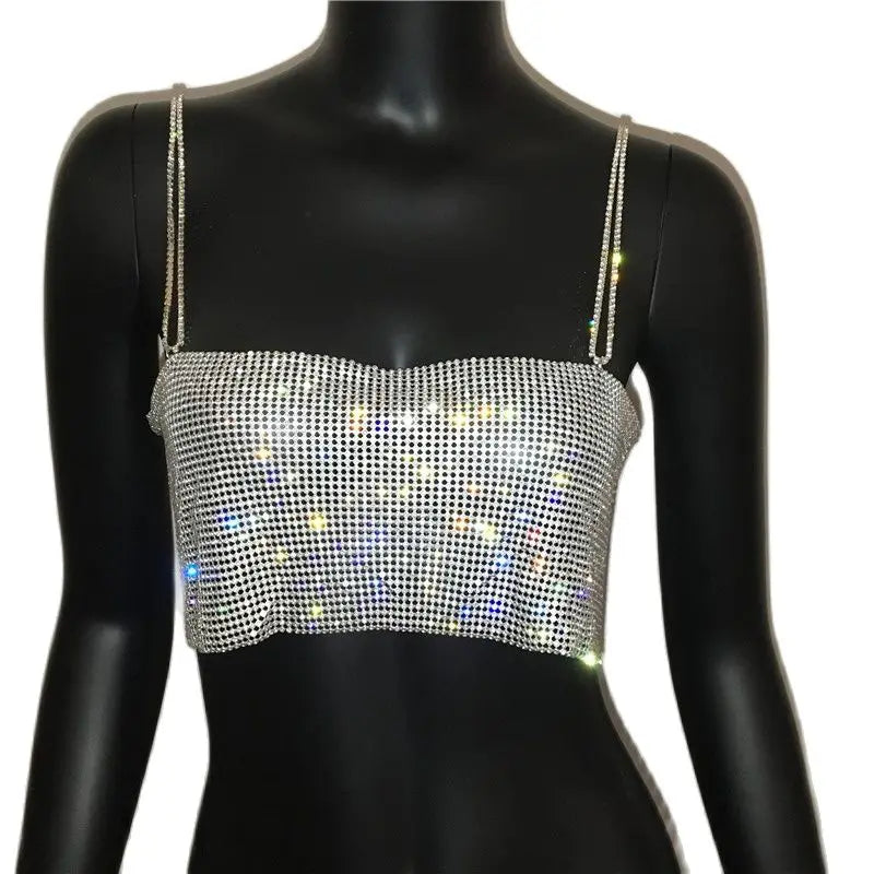 NEW 7 Colors Festival Queen Sequin Shiny Crystal Chain Luxury Tank Top Glitter Metal Mesh Halter Metallic Strap Crop Tops Festival  Party Sexy Women Tops