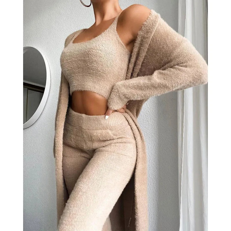 NEW Arrivals 3PCS Set 5 Colors Autumn Winter Knitted Plush Comfortable Women's Suit Sexy V-Neck Short Crop Top Cardigan Sweater Trousers/Tops/Jacket Ladies Girls Home Wear Apparel Supplies