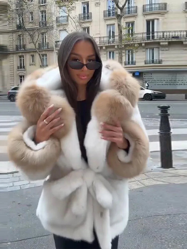 UK Size White/Gray/Brown/Black Color Hoody Mink  Fur Furry Coats Women Fashion Belt Long Sleeve Pocket Thicken Warm Jacket Autumn Winter Urban Lady Streetwear