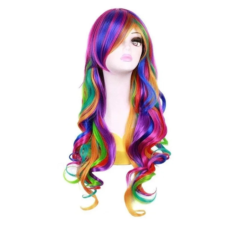 Multi Color Women Wig Halloween Party Clown Wear Anime Harajuku Style Rainbow Curly Synthetic Hair Party Costume Lolita Wigs