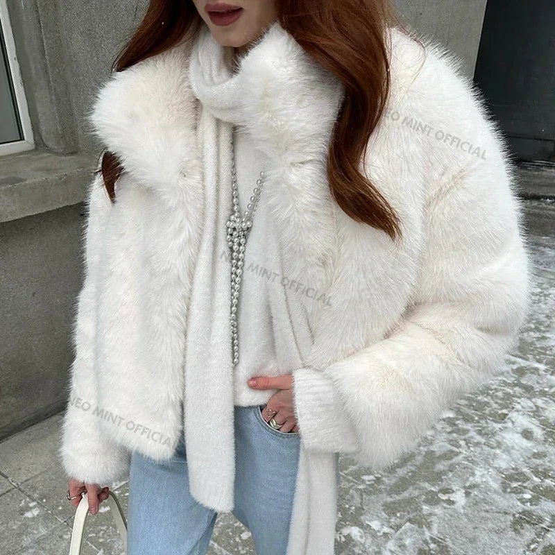NEW Arrivals UK S-2XL Size White/Yellow Color Neo Mint Winter Women Yellow Faux Fur Jacket Chic Girls Fashion Streetwear Thicken Warm Stand Collar Fox Fur Coat Outerwear