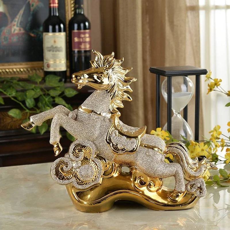 33 x 28cm Handmade Craft Modern high-end ceramic handicrafts fly yellow Tengda gold-plated horse ornaments home decorations housewarming gifts