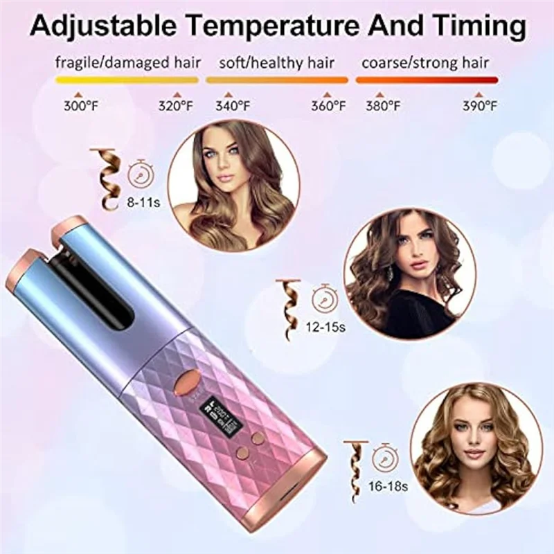 AA51 Powerful Automatic Curling Iron, Cordless Auto Hair Curler Portable Rotating Curling Wave Wand Styling Tool Auto Shut Off ABS