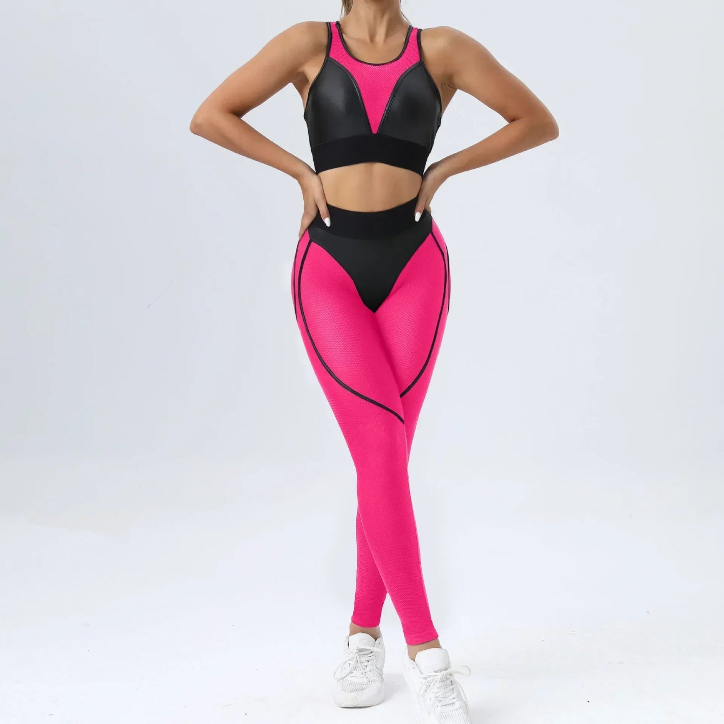 Honeycomb Patchwork Gym Workout Set Women Sportswear 2 Piece Clothing Yoga Suit for Fitness Activewear Female Sport Outfit Black