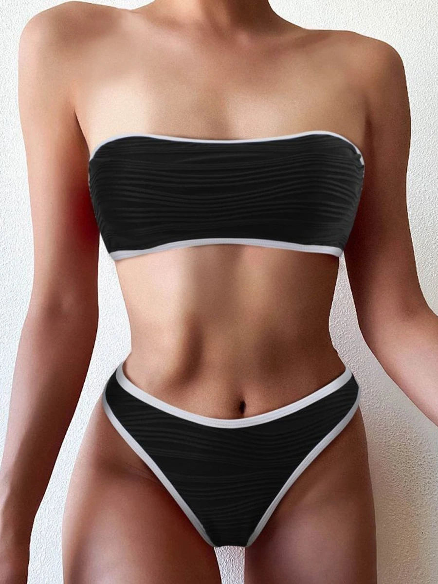 Sexy Bandeau High Waist Bikini Women Triangle Swimsuit Stitch Detail Swimwear Padded Bathing Suit Female Solid Beachwear