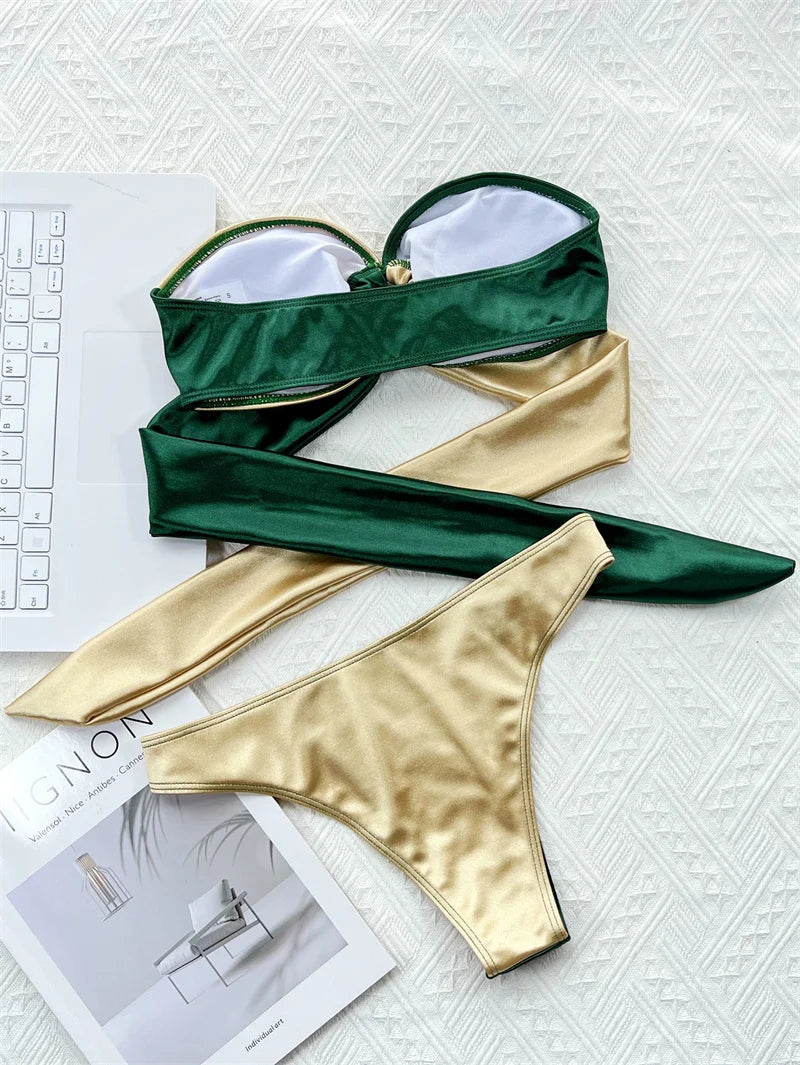 Green Gold Bikini Sexy Strapless Bandeau Swimwear Women Brazilian Swimsuit Thong Biquini Bandage Bathing Suit