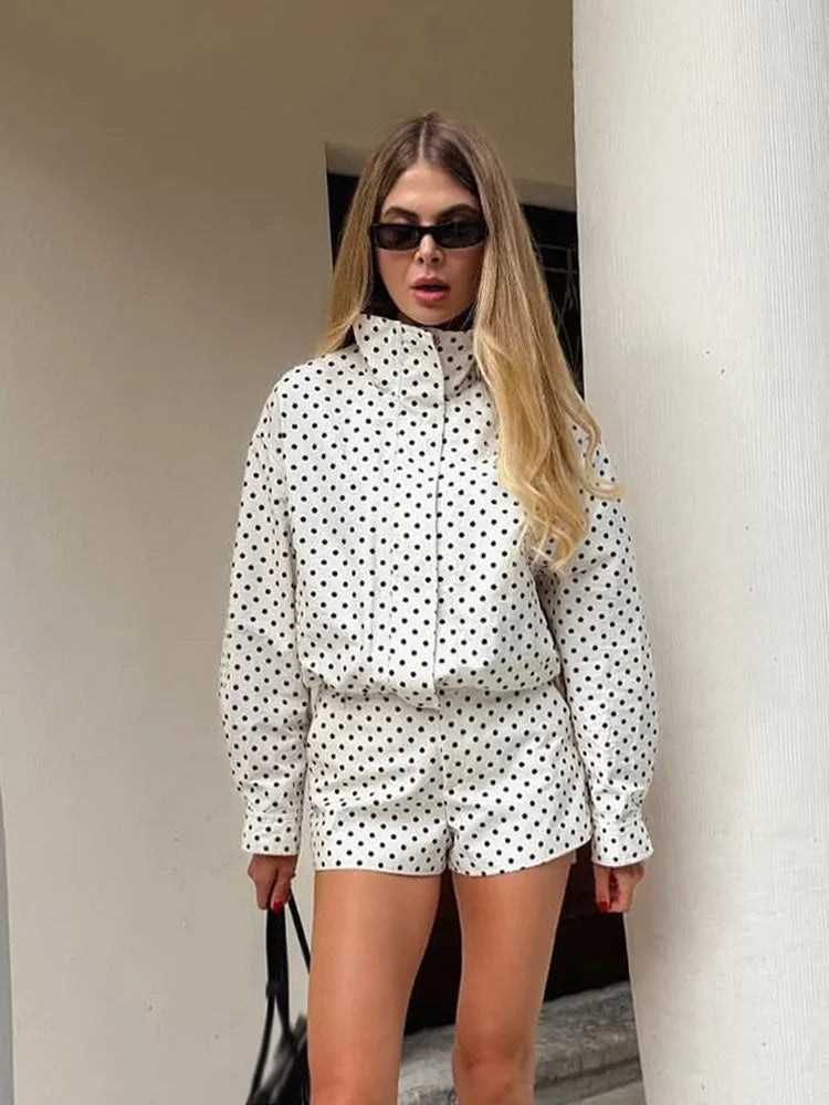 3 PCS Suit UK Size Woman Autumn Long Sleeves Turtleneck Zipper With Pockets Drawstring Casual Coats Women Fashion Polka Dot Jacket
