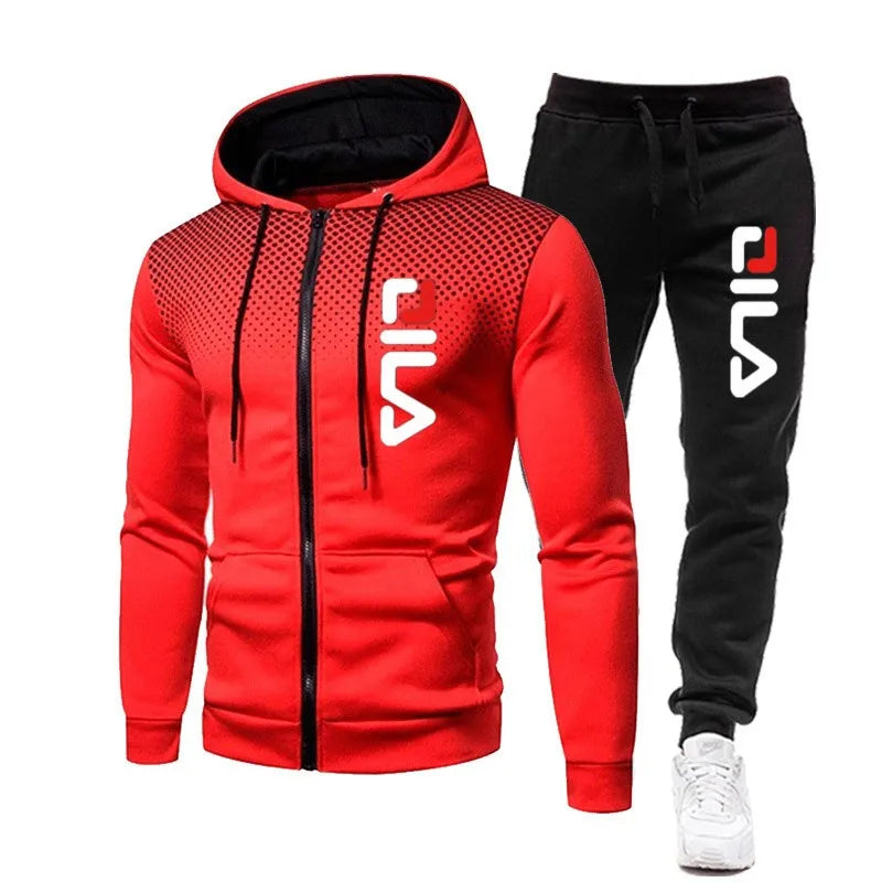 Men Tracksuits+Sweatpants Two Pieces Suits Winter Print Zipper Hooded Sweatshirt Casual Fitness Jogging Sports Pants Sets