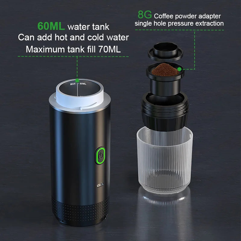 Wireless Electric Portable Espresso Coffee Machine for Car & Home Camping Beach Picnic Coffee Maker 3-in-1 Set Capsule Powder Travel Coffee Maker