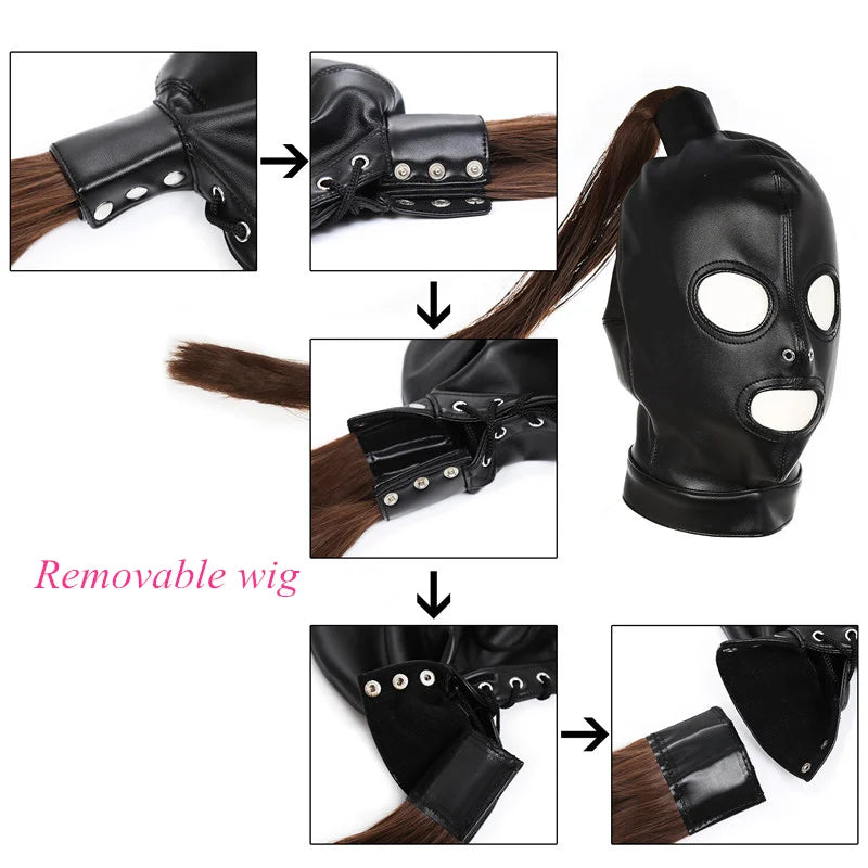 Women Men Black Leather Mask Rubber Hood With Braid Wigs Cosplay Costumes Headgear Club stage Customized Handmade