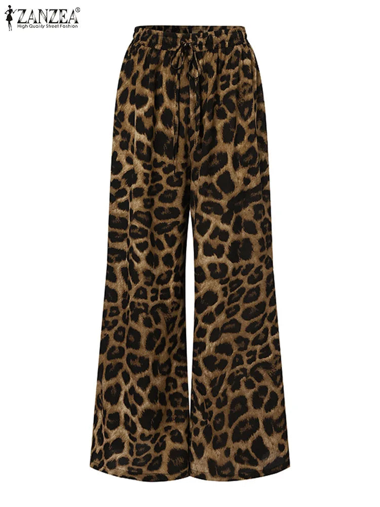Plus Size Vintage 2PCS Pant Sets Summer Women Fashion Leopard Printed Casual Loose Tops and Pant Outfits Wide Leg Pant Sets