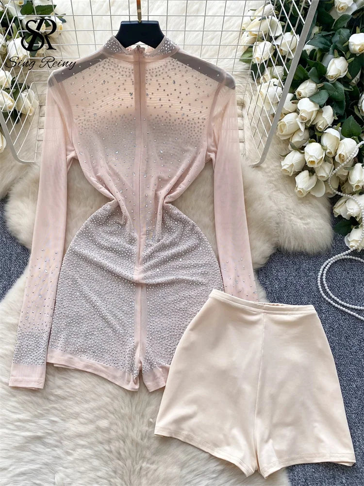 NEW S-2XL UK Plus Size Apricot/Black Color Summer Thin Sheer Sexy Viscose Bodysuit Long Sleeve Zipper With Shorts Design Rompers Beadings Streetwear Women Mesh Playsuits