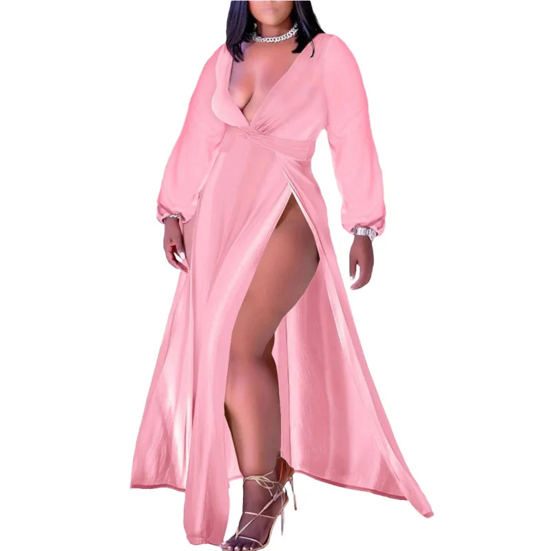 NEW Arrivals XL-5XL Plus Size Pink/Black/Red/ Blue Fall Sexy Dresses Curvy Chubby BBW Women Clothing Solid Long Sleeve V Neck Split Sexy Party Evening Dress Ladies Sexy Fashion Apparel Supplies
