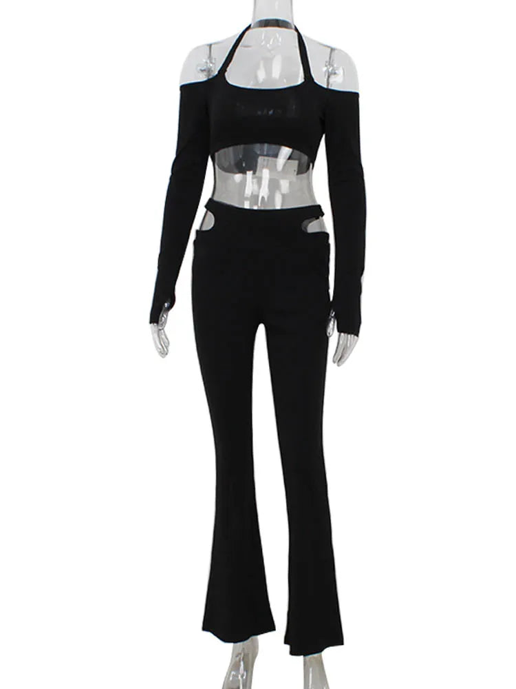 NEW Arrivals 2PCS Set Black/White  Tops + Pants Italian Fashion Sexy Sheath Women's Suits Sets Solid Hollow Out Slim Fit Tracksuits Long Sleeves Slash Neck Ladies Girls Casual Fashion Clothing Supplies