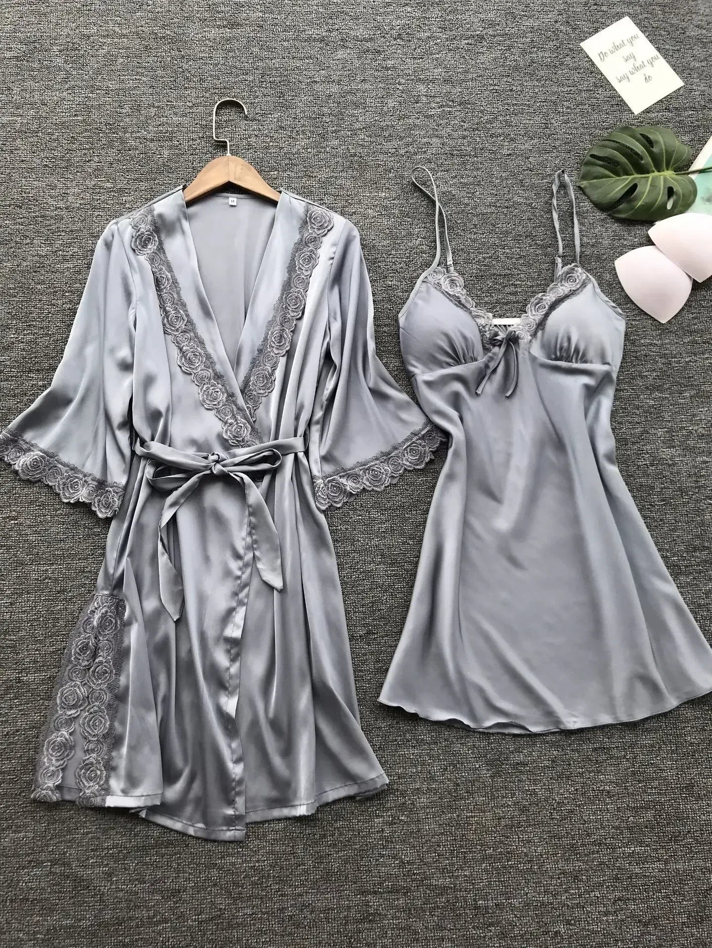 NEW 2PCS Set Female Lace Pajamas Set Satin Home Lace Robe Sleep Suit V-Neck Wedding Nightwear Silk Dress Women Sleepwear