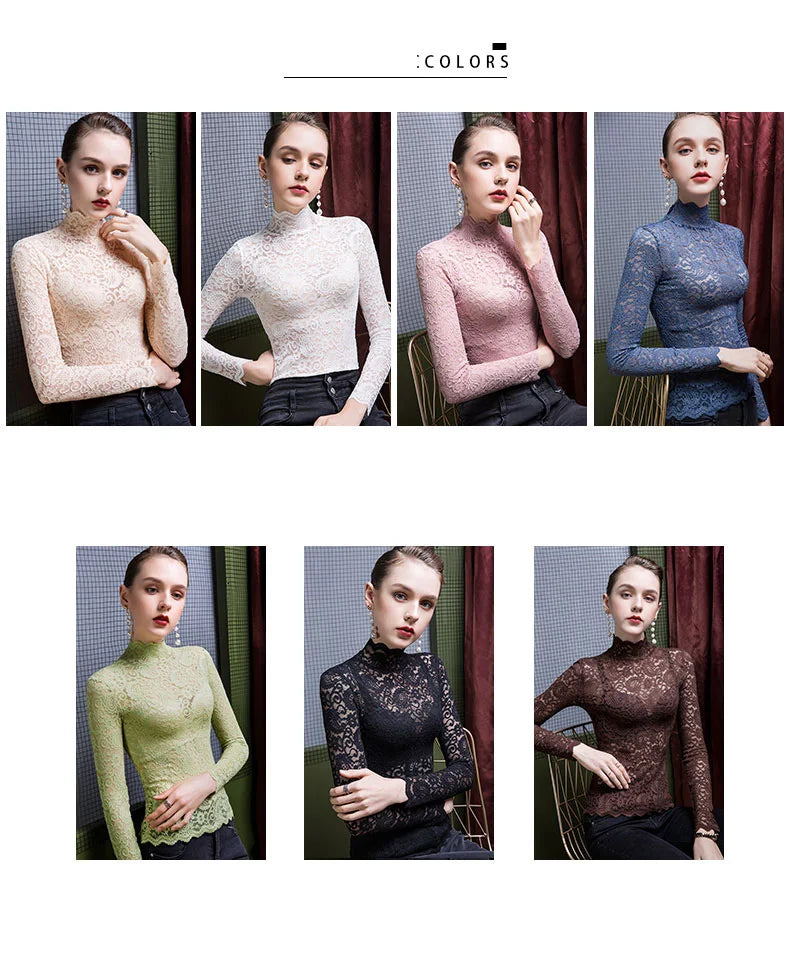 NEW Arrivals S-2XL UK Plus Size 4 Colors Autumn Winter Women Warm Bottoming Pullover Tops Elegant Mock Neck Long Sleeves Shirt Flower Hollow Out Women Lace Blouse