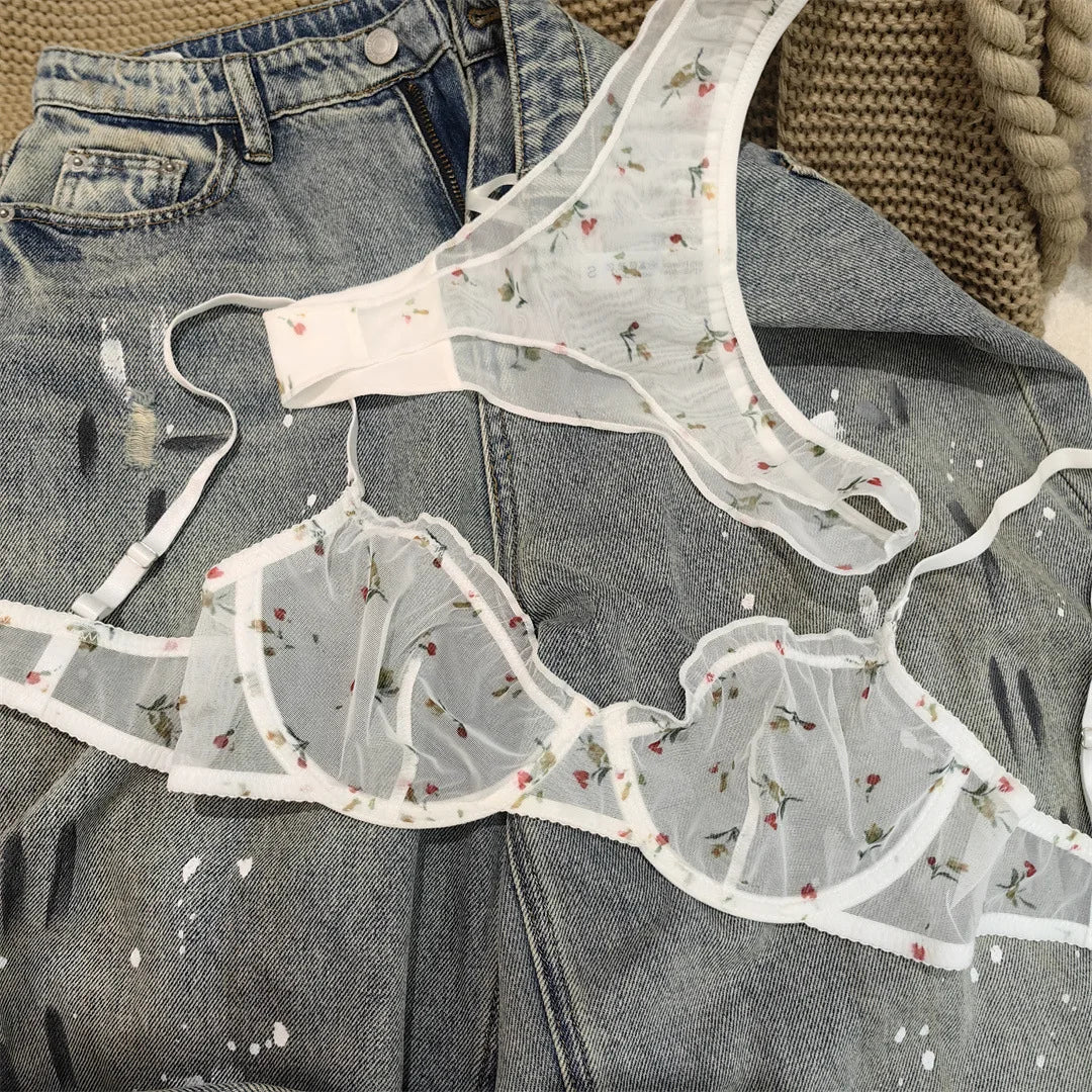 4 Colors New Fashion Floral Suit Women Lingerie Set Fashion Sexy Lace Bra French Ultra Thin Breathable Intimates Bralette Soft Underwear