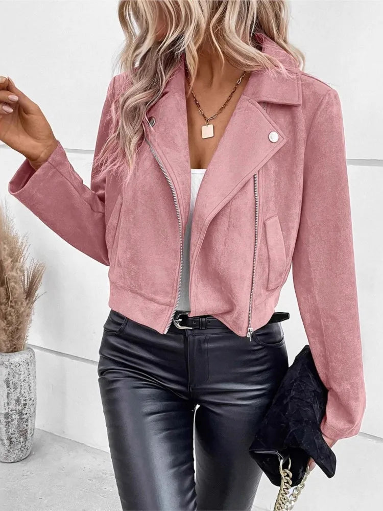 S-2XL US Size Women's Casual Lapel Zipper Jacket Imitation Deerskin Velvet Short Coat Winter Fashion Slim Women's Riding Short Jacket Casual Clothing Supplies