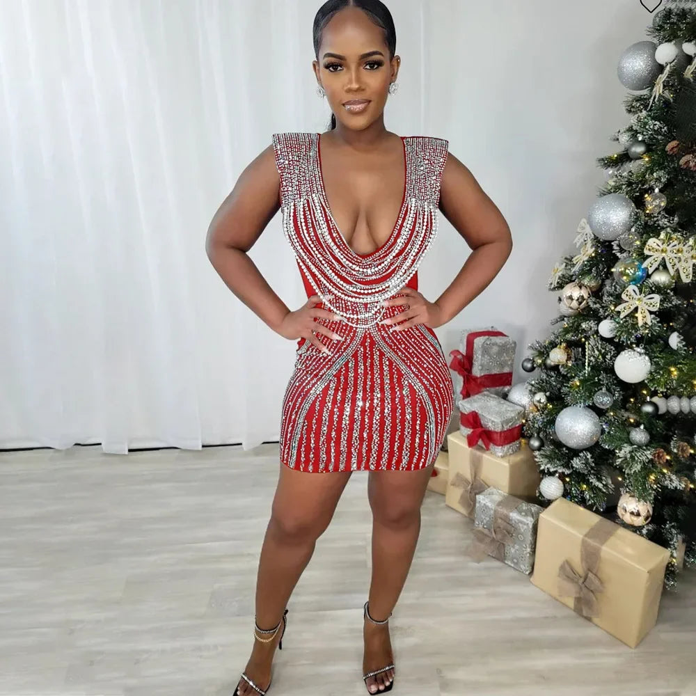 NEW Arrivals S-2XL UK Size Red/Black/Blue Color  Women Mesh V-Neck Diamonds Hot Rhinestones Beading Bodycon Mini Dress Summer Evening Night Club Sexy Party Dresses