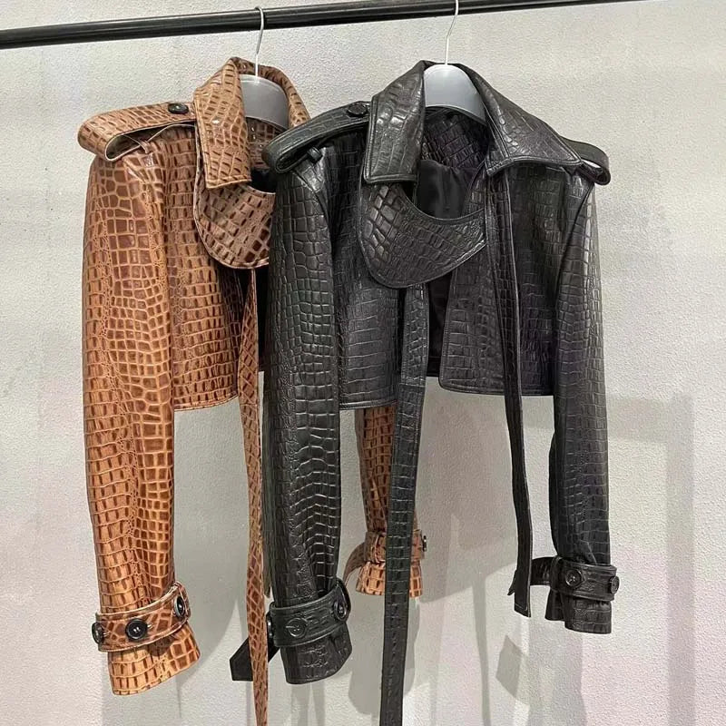 Women Coat Spring And Autumn New Arrival Genuine Leather Jacket With Long Belt Imitation Crocodile Texture Real Sheepskin