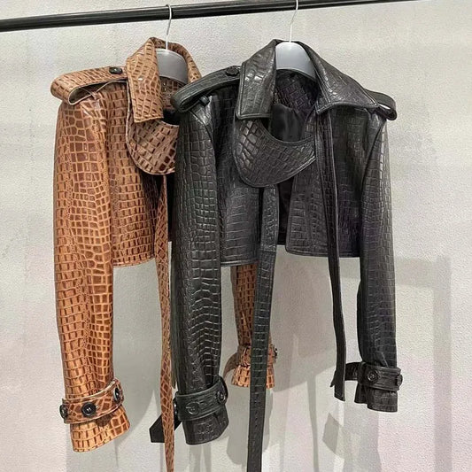 Women Coat Spring And Autumn New Arrival Genuine Leather Jacket With Long Belt Imitation Crocodile Texture Real Sheepskin