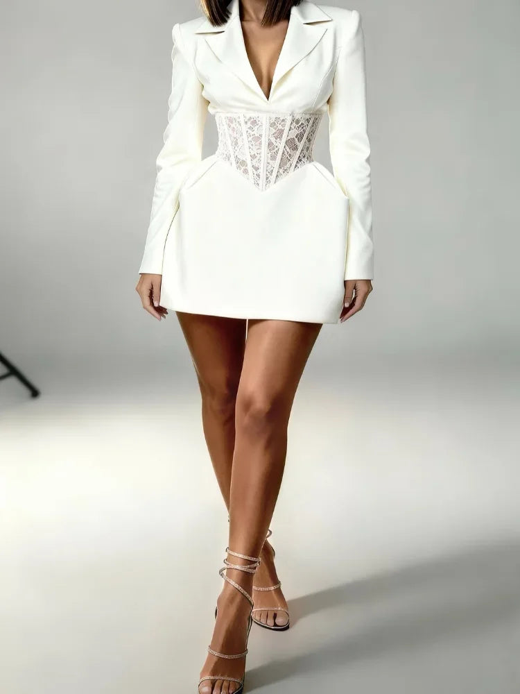 Lady Chic Lace Patchwork Black and White Color UK Size Luxury Blazer Dress Padded Shoulders Deep V-Neck Full Sleeve Mini Dresses Evening Party Gown 2026 Spring