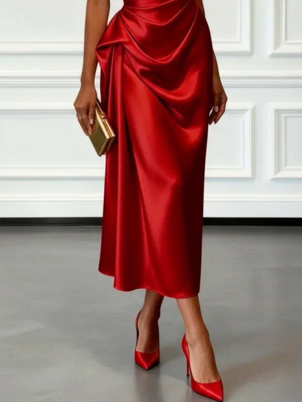 S-2XL UK Size One Shoulder Luxury Satin Midi Dress With Ruched Waist Elegant Sleeveless Evening Wedding Guest Business Party Formal Gown Ladies Outfits.