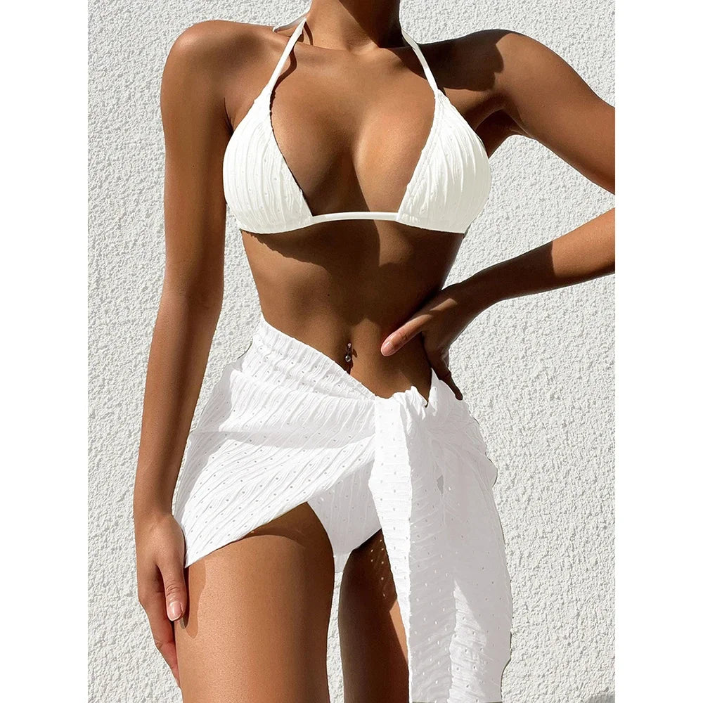 Sexy Bikinis 2024 Women Swimsuit 3 Pieces Bikini Set Halter Cover Up Brazilian Swimwear Female Beach Wear Bathing Suits biquini