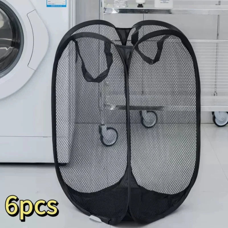 2-6 PCS Set Folding Dirty Laundry Sorting Basket Washing Frame Bathroom Cloth Mesh Storage Bag Frame Bucket Laundry Organizers Storage Pouch Laundry Accessory Sets