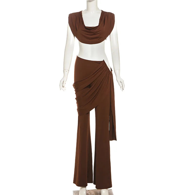 2PCS Set Luxury Night Clubwear Evening Party Streetwear Outfit Suit Women's Girls Slim Set Pile Collar Sleeveless Crop Top And High Waist Pants 2025 Spring Tracksuit Female Ladies Luxury Sexy Fashion Clothing Supplies