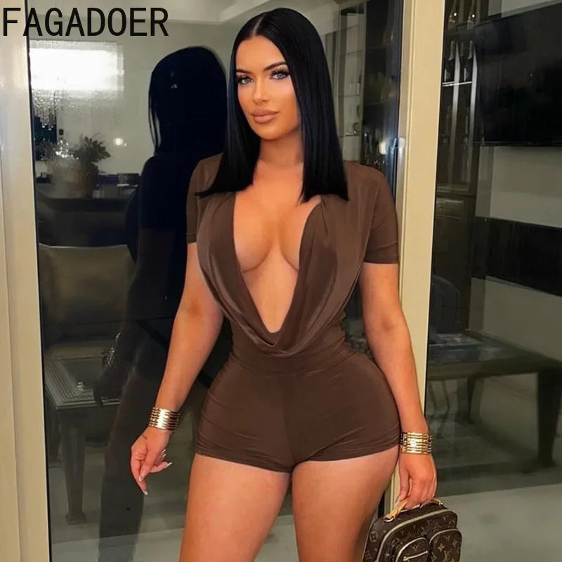 Black/White/Brown Color Spring New Ruched Deep V Bodycon Rompers Women Short Sleeve Slim Jumpsuits Sexy Solid Overalls Streetwear Evening Beach Party Midnight Clubwear