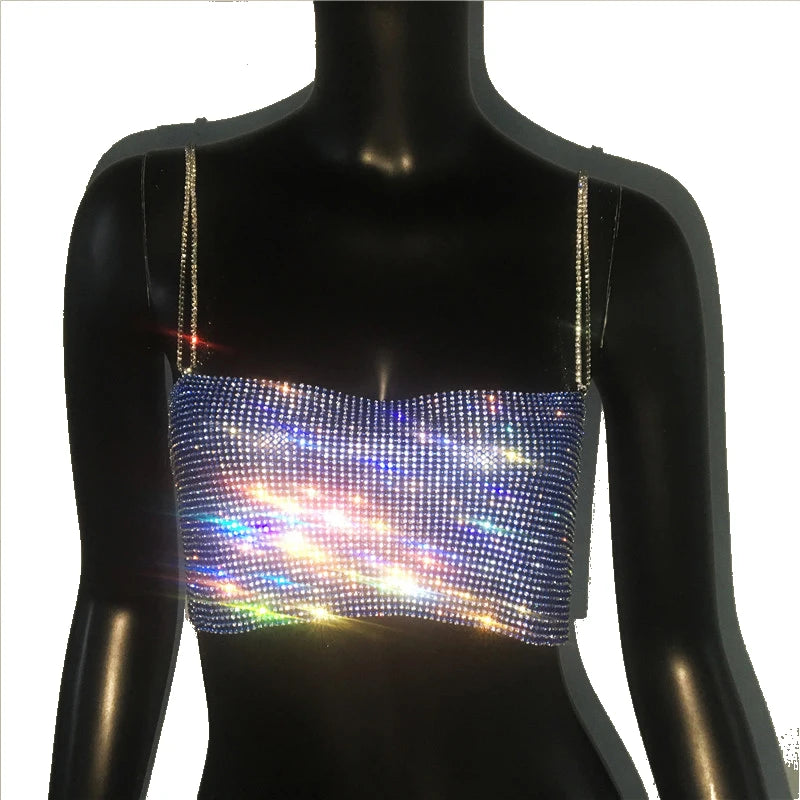 NEW 7 Colors Festival Queen Sequin Shiny Crystal Chain Luxury Tank Top Glitter Metal Mesh Halter Metallic Strap Crop Tops Festival  Party Sexy Women Tops