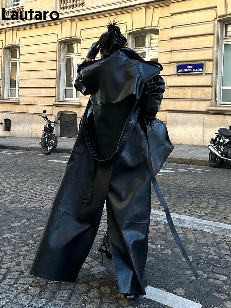 S-XL Size  Spring Autumn Extra Long Black PU Leather Trench Coat for Women with Back High Slit Luxury Chic European Fashion
