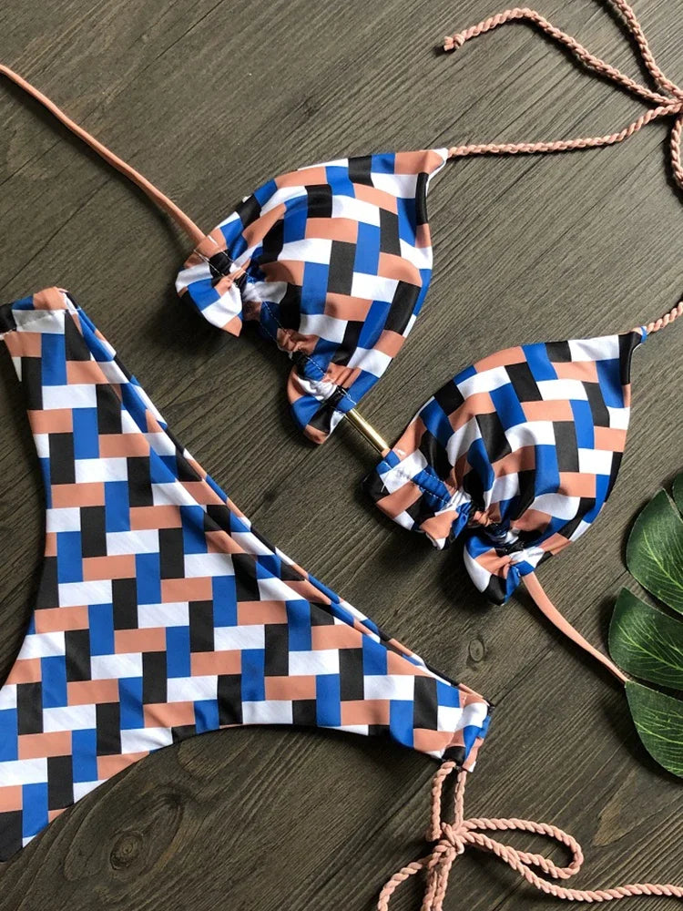 Striped Bikini Set Knotted Swimsuit Women Biquinis Beach Sexy Thong Swimwear Bandage Brazilian Mirco Bikinis