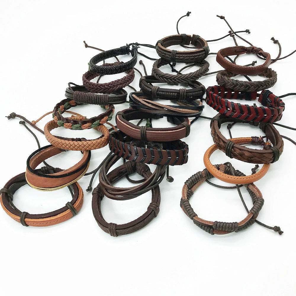 50 Pcs/lot Punk Vintage Cuff Wide Leather Men Bracelets For Women Bangles Handmade Retro Weave Mix Party Jewelry Gift