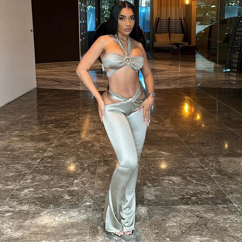 Low-Price Sales are Limited 2PCS Luxury Set Sexy Bandage Hollow Out Flare Pants Women Girls Clothes Night Club Party Evening Beach Party  Black Bikini Top- Pants Suit Outfits Streetwear Female Ladies Luxury Sexy Fashion Cloth