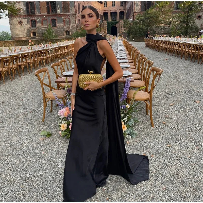 Luxury Satin Ribbon Halter Long Dresses 15 Colors S-XL UK Size Women's Backless Formal Maxi Dress Evening Wedding Guest Red Carpet Business Party Summer Graduation New Arrivals