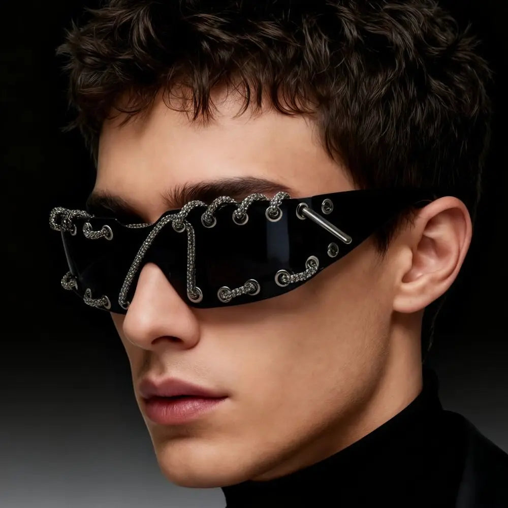 Rhinestones Chain Sunglasses Retro Cool Trendy Sunglasses UV Protective Lightweight Streetwear Party Shades For Women Men