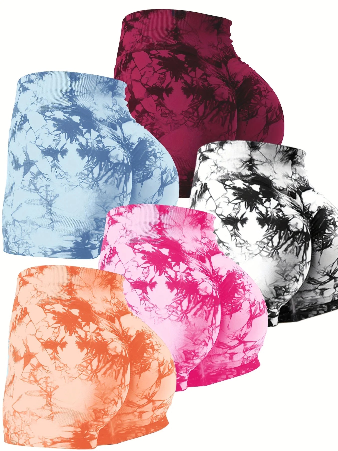 NEW Arrivals 5PCS Set  High-Waisted Tie-Dye Biker Shorts for Women - Stretchy, Moisture-Wicking, Quick-Drying, High-Quality Nylon Fabric Yoga Fitness Gym Outdoor Running Shorts Set Sports Supplies