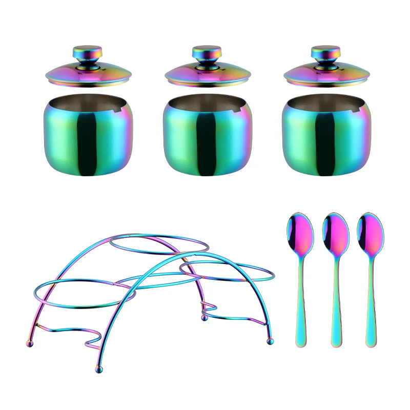 3 PCS Luxury Set + 3 Matching Spoons 304 Stainless Steel Gold Seasoning Condiment Pot Set Spice Salt Sugar Container Pepper Jar Tool with Lid and Spoon Holder Rack Home Tableware Tools Sets
