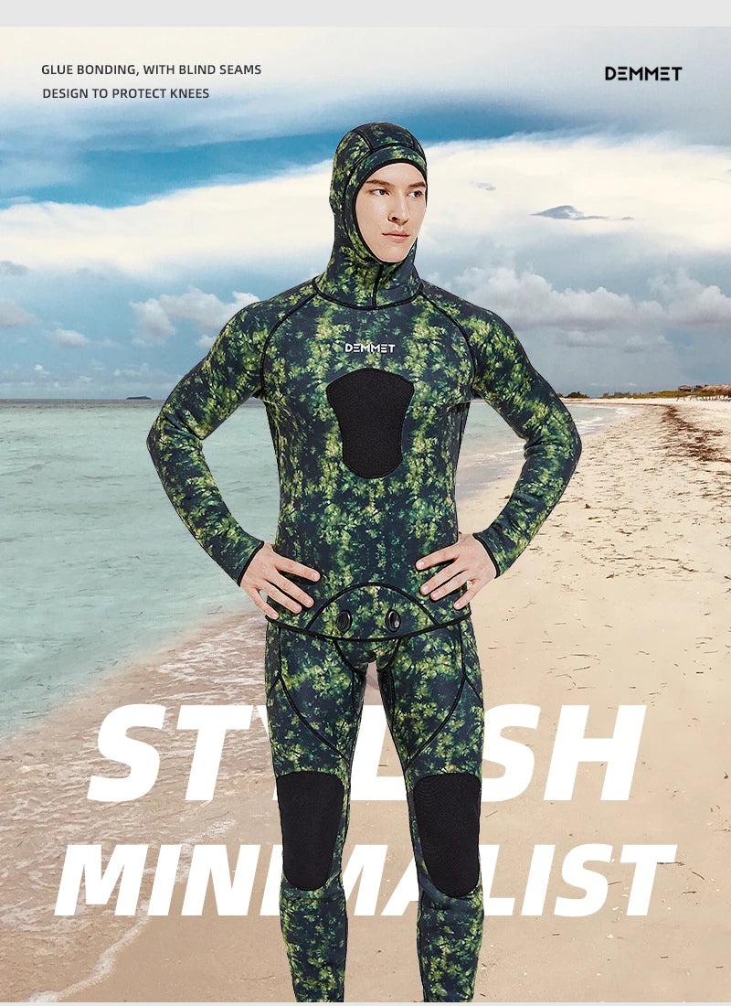 NEW S-3XL Plus Size 3mm/5mm Professional 2PCS Set Spearfishing Wetsuit Camouflage Open Cell Neoprene Free Diving Suit Full Suit  Men Hooded Snorkeling Suits Sports Kayak Swimming Diving Sets