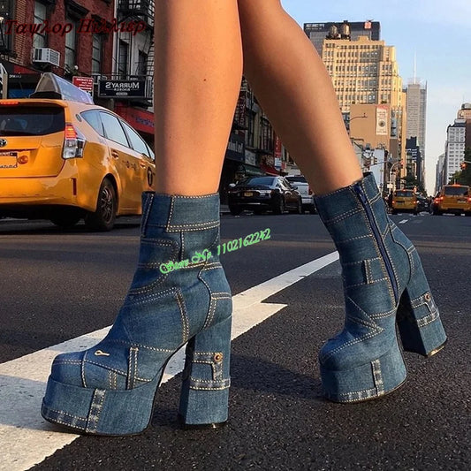 Blue Denim Waterproof Platform Short Boots Round Toe Thick Heel Side Zipper Catwalk Stage Party Fashion Boots Women'S Autumn  47