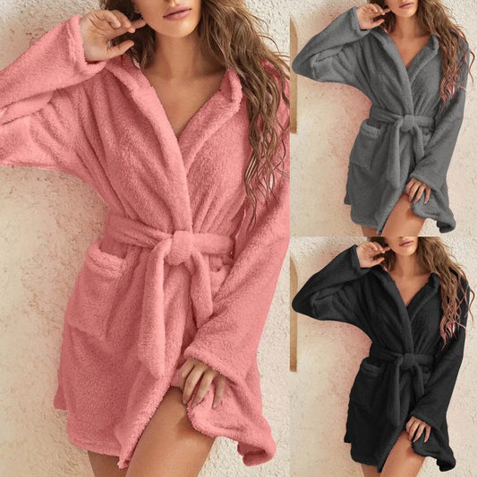 Women Sleeping Robe Pure Color Thickened Winter Home Bathrobe Ladies Casual Hooded with Pockets Warm Simple Padded Pajamas