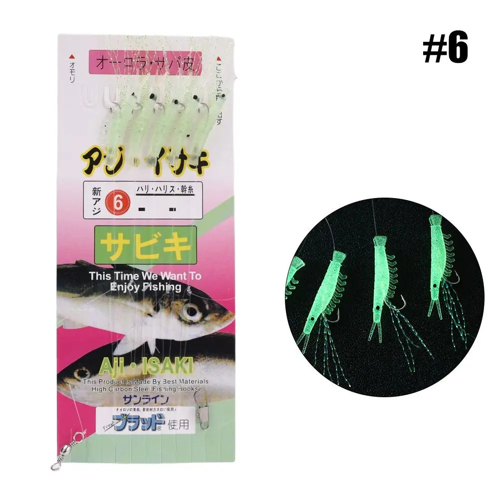 Anti-Winding Glowing String Hook Luminous Soft Shrimp Fishing Hook Mackerel Feathers Night Fishing Simulated Fish Skin String Hook Soft Bait For Lake River Sea Boat Fishing Accessories
