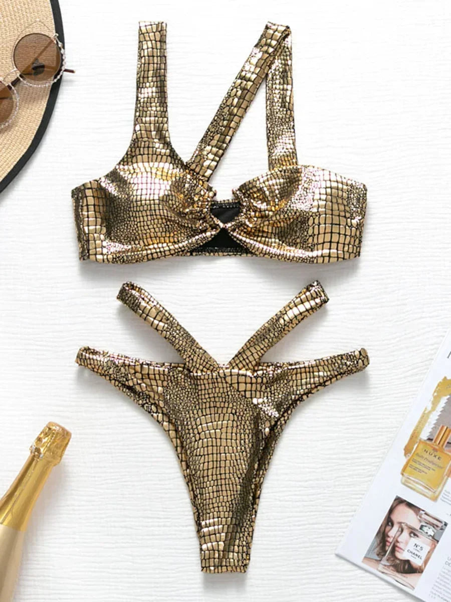 NEW Arrivals Silver/Pink/Gold Asymmetric Shiny Snake Skin Thong Bikini Female Swimsuit Women Swimwear Two Pieces Bikini set High Cut Bather Bathing Suit Swim Girls Ladies Beach Wear