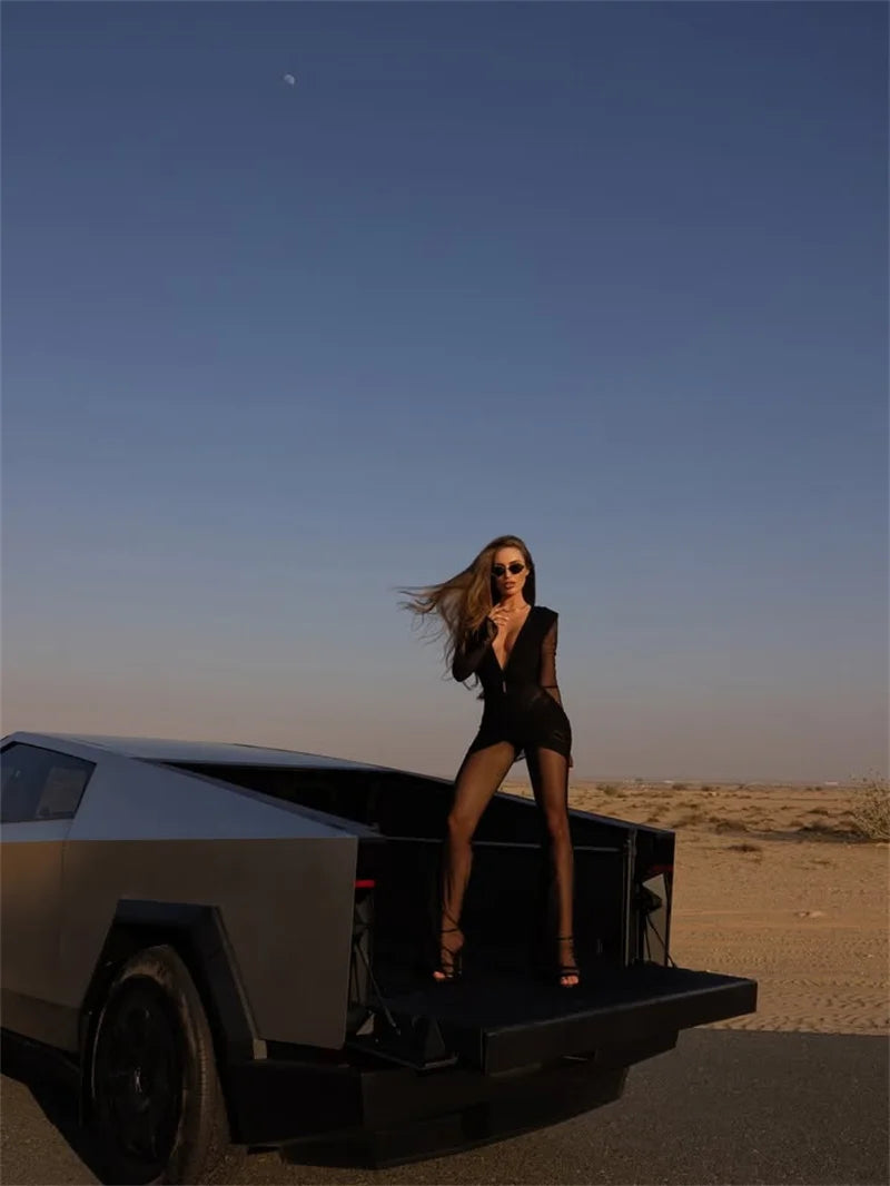 NEW Pink/Black Color UK Size Deep V Neck Long Sleeve Sexy Jumpsuits Women Autumn Winter Patchwork See Through Ruched Club Party Jumpsuit Female Fashion Clothing Supplies