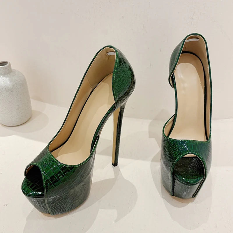 New Green Snake Print Leather Platform Pumps Women Sexy Slingback Peep Toe Extreme High Heels Strip Pole Dance Shoes