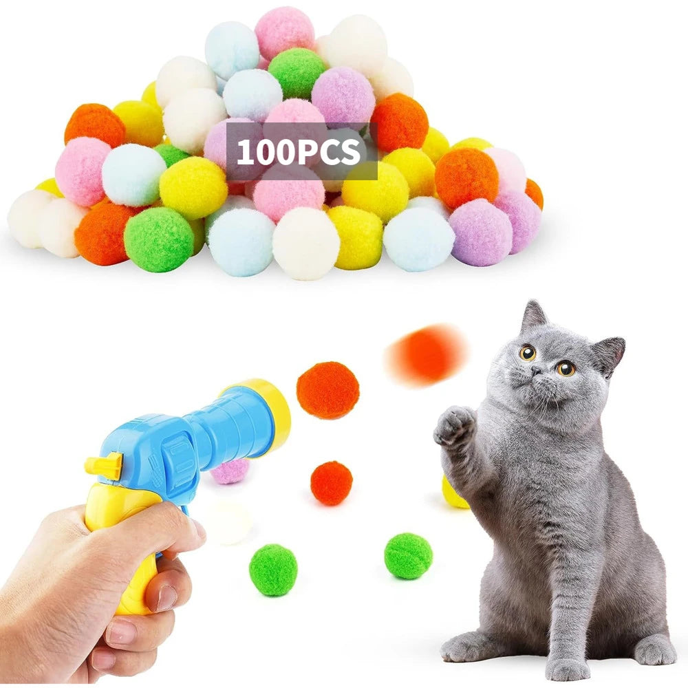 Plush Ball Shooting Gun Cat Toys Interactive Kittens Mini Pompoms Launcher Games Pet Accessories Supplies Indoor Cats Self Play