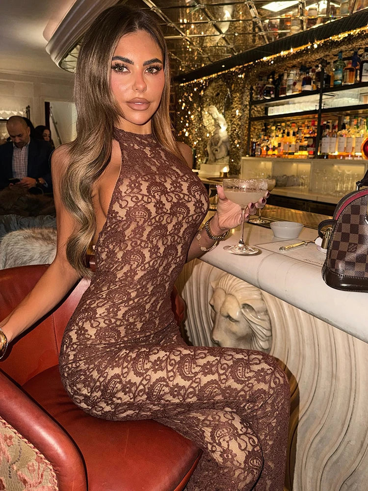 3 Colors Sexy Lace Backless Sexy Jumpsuit Women Rompers Halter Off-Shoulder Sleeveless Skinny Night Club Party Jumpsuits Female Clothes