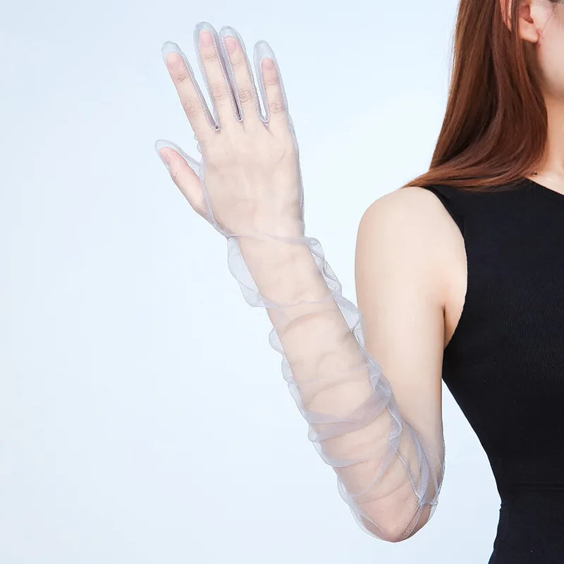 8 Colors 70cm Sexy Lace Net Yarn Mesh Breathable Long Gloves Hollow Transparent Thin Touch Screen Summer Sunscreen  Women Gloves Ladies Apparel Accessories